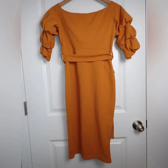 ✨New✨ Boohoo Gia Off the Shoulder Sleeve Detail Midi Dress in Amber size 12 - Picture 9 of 10